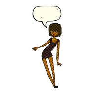 cartoon woman in dress leaning with speech bubble N5