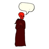 cartoon spooky skeleton in robe with speech bubble N3