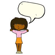 cartoon woman raising arms in air with speech bubble N6