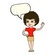 cartoon woman waving with speech bubble N150