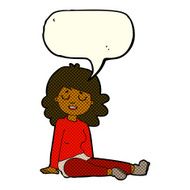 cartoon happy woman sitting on floor with speech bubble N10