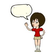 cartoon pretty woman waving with speech bubble N45