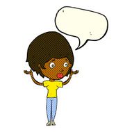 cartoon woman raising hands in air with speech bubble N11