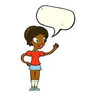 cartoon waving woman with speech bubble N77