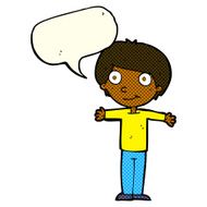 cartoon happy boy with open arms speech bubble N8