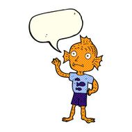 cartoon waving fish boy with speech bubble N5