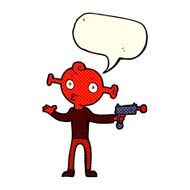 cartoon alien with ray gun speech bubble N4