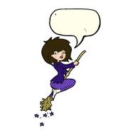 cartoon witch riding broomstick with speech bubble N10