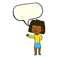 cartoon friendly woman waving with speech bubble N25