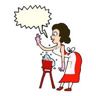 cartoon housewife washing up with speech bubble N5