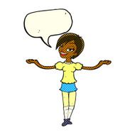 cartoon woman making open arm gesture with speech bubble N6