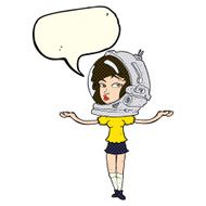 cartoon woman wearing space helmet with speech bubble N9
