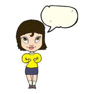 cartoon woman gesturing at self with speech bubble N16