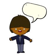 cartoon happy boy with open arms speech bubble N9