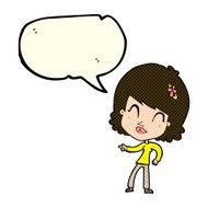cartoon happy woman pointing with speech bubble N32