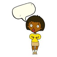 cartoon woman making Who Me? gesture with speech bubble N19