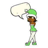 cartoon woman in christmas elf costume with speech bubble N6