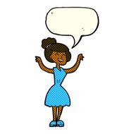 cartoon woman with raised arms speech bubble N6