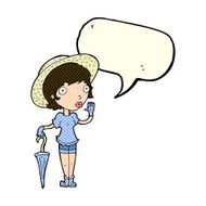 cartoon woman in summer hat waving with speech bubble N5
