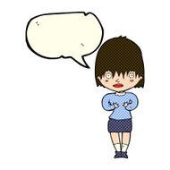 cartoon woman making Who Me? gesture with speech bubble N20