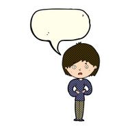 cartoon woman making Who Me? gesture with speech bubble N21
