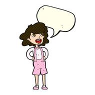 cartoon woman in dungarees with speech bubble N5