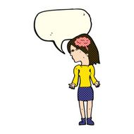 cartoon clever woman shrugging shoulders with speech bubble N5