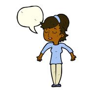 cartoon friendly woman shrugging shoulders with speech bubble N5
