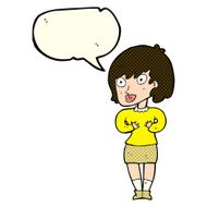 cartoon woman making Who Me? gesture with speech bubble N22
