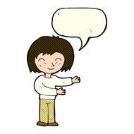 cartoon woman gesturing welcome with speech bubble N5