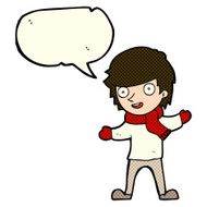 cartoon boy in winter clothes with speech bubble N5