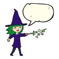 cartoon witch girl casting spell with speech bubble N10