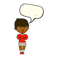 cartoon woman gesturing at self with speech bubble N17