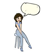 cartoon pretty girl on stool with speech bubble N3