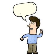 cartoon man making peace sign with speech bubble N5