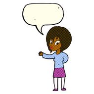 cartoon woman making welcome gesture with speech bubble N6