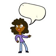 cartoon worried woman pointing with speech bubble N5