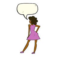 cartoon woman posing in dress with speech bubble N17