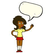 cartoon pretty woman waving for attention with speech bubble N6