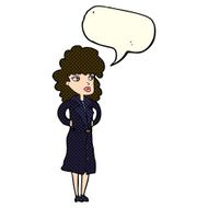 cartoon woman in trench coat with speech bubble N14