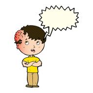 cartoon boy with growth on head speech bubble N19