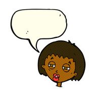 cartoon woman narrowing eyes with speech bubble N6