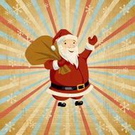 Vector Christmas background with Santa holding big bag of gifts