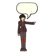 cartoon woman in leather jacket pointing with speech bubble N6