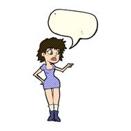 cartoon worried woman in dress pointing with speech bubble N6