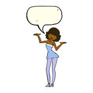 cartoon woman in cocktail dress with speech bubble N9