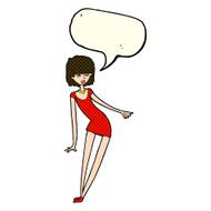 cartoon woman in dress leaning with speech bubble N6