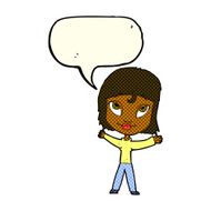 cartoon happy woman waving arms with speech bubble N6