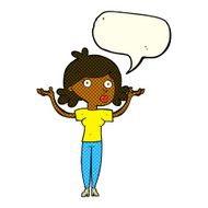 cartoon woman throwing arms in air with speech bubble N6