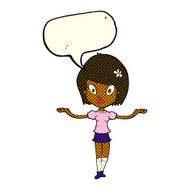 cartoon woman making balancing gesture with speech bubble N6